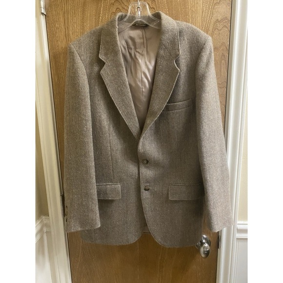 Vintage Charles Chastain Men's Pure Wool Blazer Beige 2 Button Tweed Style Patch - Picture 1 of 14